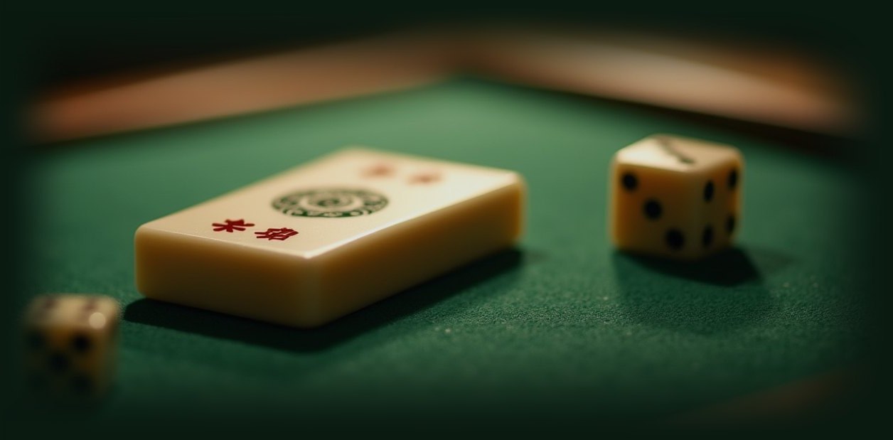 A Mahjong tile and two dice on green felt